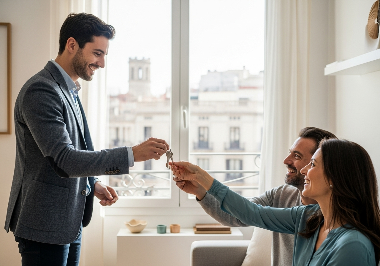 Agente inmobiliario entregando llaves a una pareja feliz